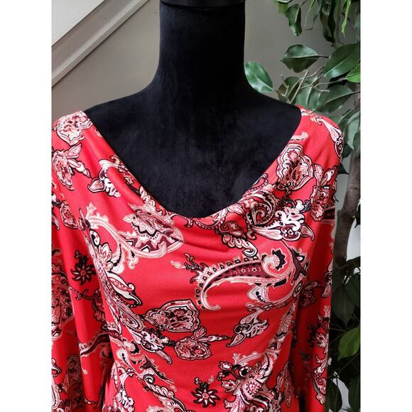 7th Avenue Blouse Women L Red Paisley Stretch Long Sleeve Ruched Cowl Neck Top - Picture 6 of 13